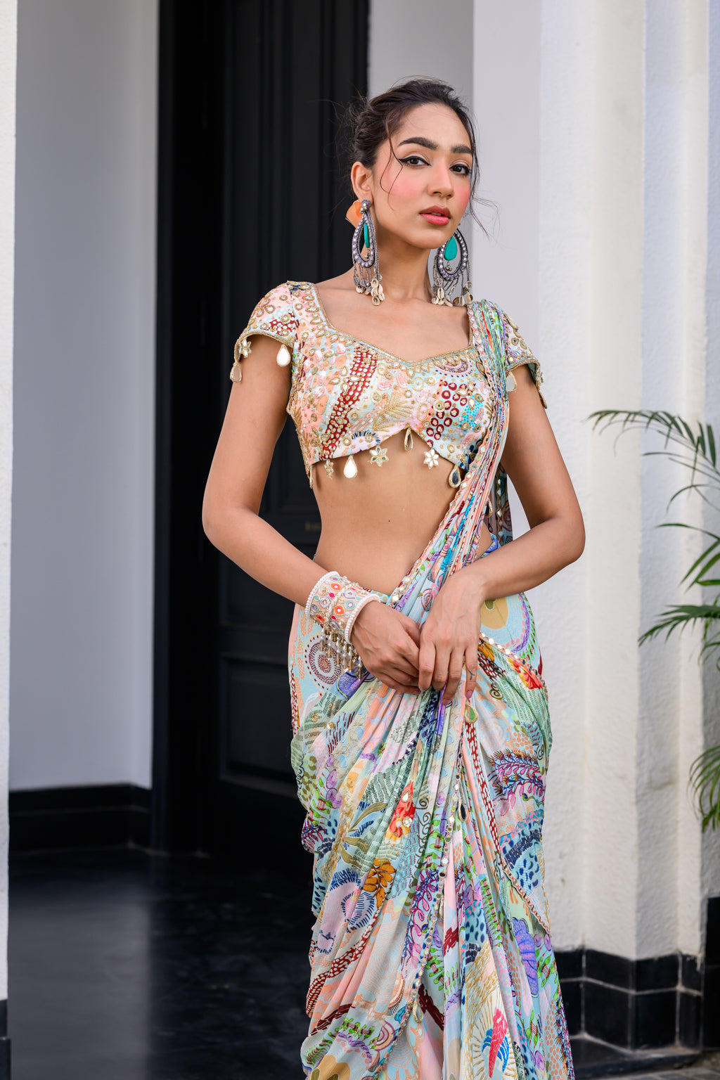 GARDENIA HIGHLIGHTED SAREE PAIRED WITH HAND WORK MIRROR BLOUSE
