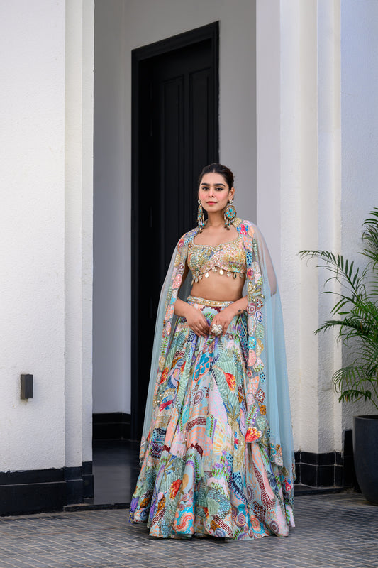 GARDENIA HIGHLIGHTED LEHENGA SET PAIRED WITH  HIGHLIGHTED BLOUSE AND HIGHLIGHTED APLLIQUE DUPATTA