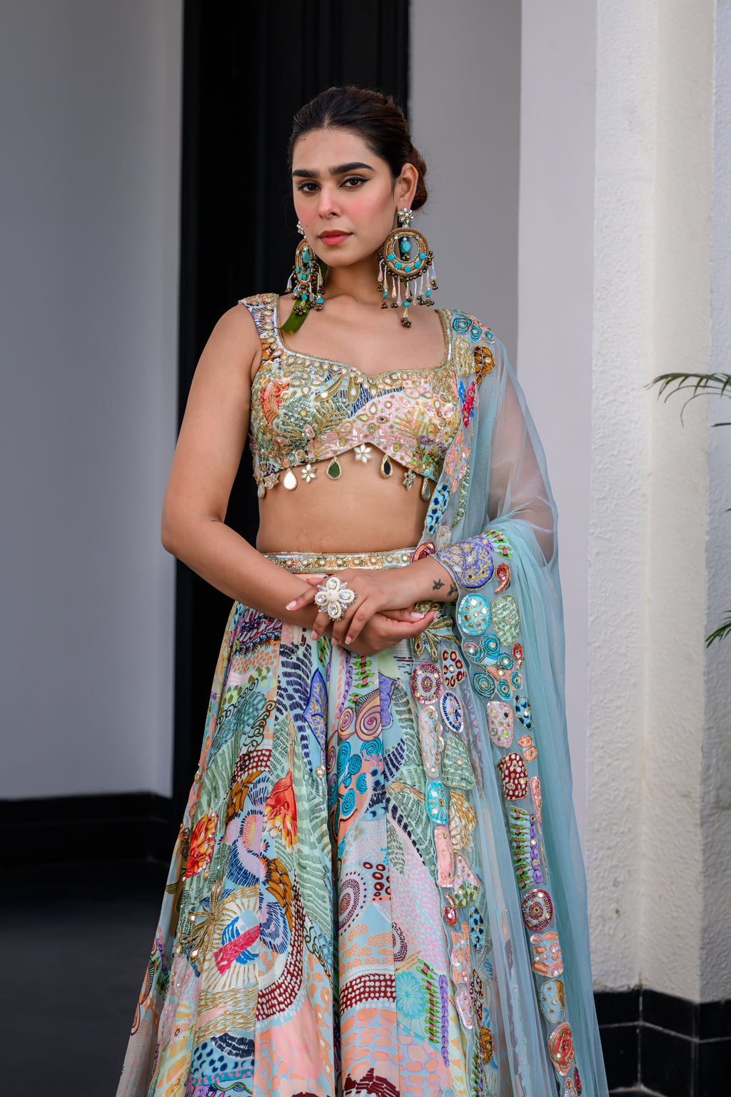 GARDENIA HIGHLIGHTED LEHENGA SET PAIRED WITH HIGHLIGHTED BLOUSE AND HIGHLIGHTED APLLIQUE DUPATTA