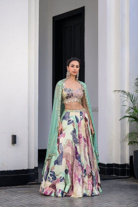 EDEN H LEHENGA PAIRED WITH H BLOUSE AND HAND EMB MIRROR DUPATTA