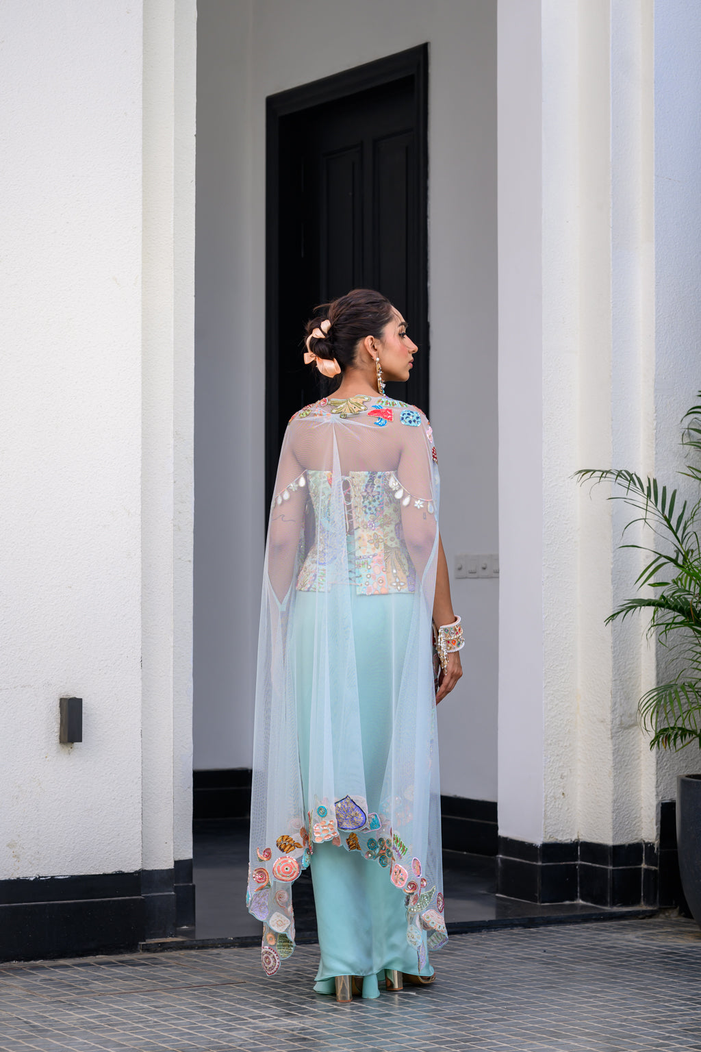 GARDENIA HIGHLIGHTED CORSET WITH DHOTI SKIRT AND CAPE