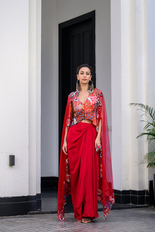 DAWN H JACKET AND DHOTI SKIRT SET PAIRED WITH H APL CAPE