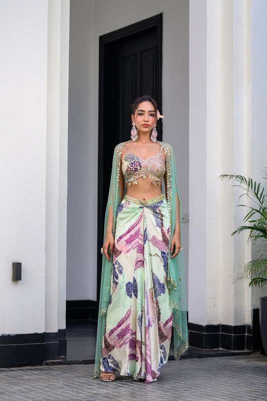 EDEN HIGHLIGHT BRALETTE WITH MIRROR WORK PAIRED WITH DHOTI SKIRT AND CAPE