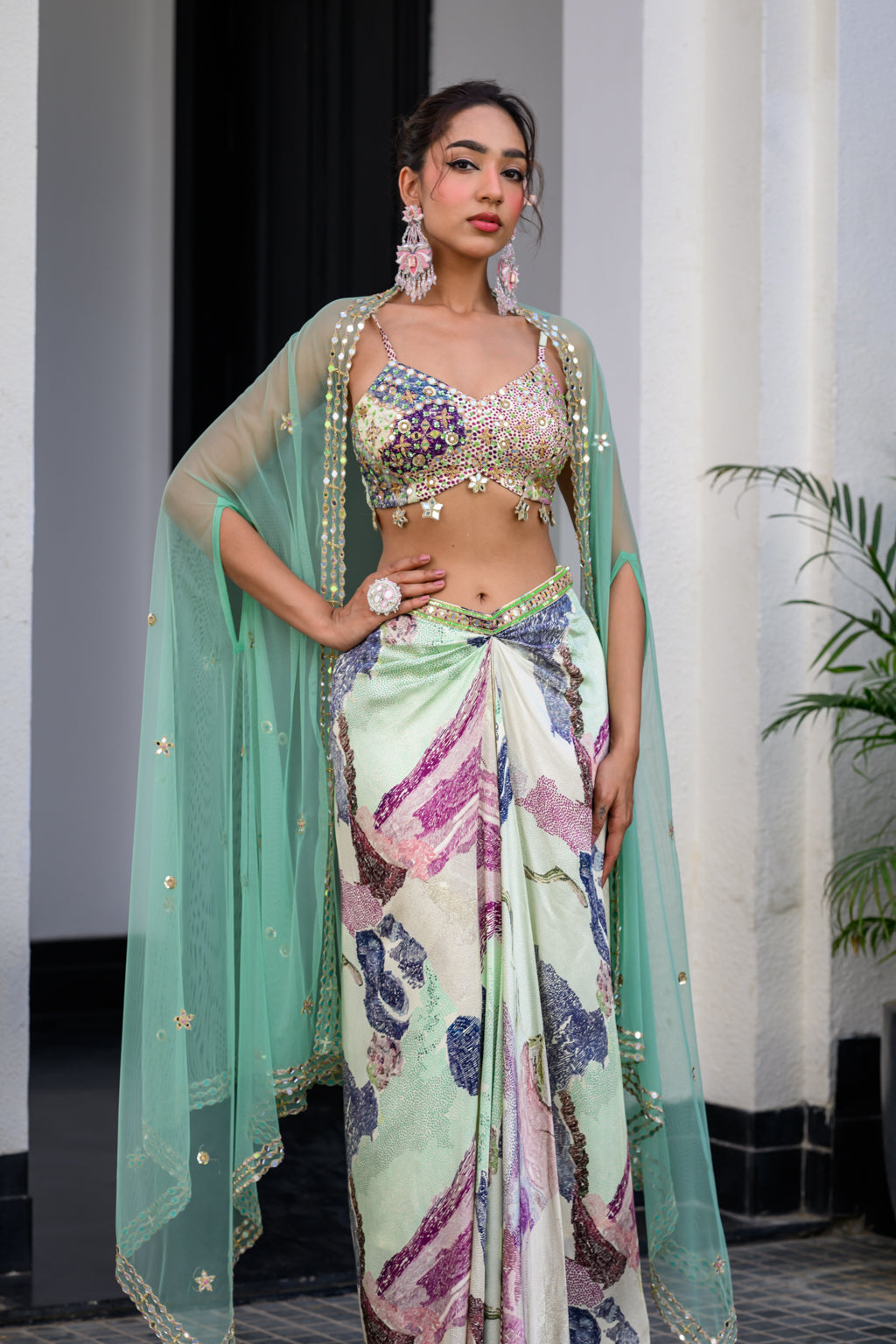 EDEN HIGHLIGHT BRALETTE WITH MIRROR WORK PAIRED WITH DHOTI SKIRT AND CAPE