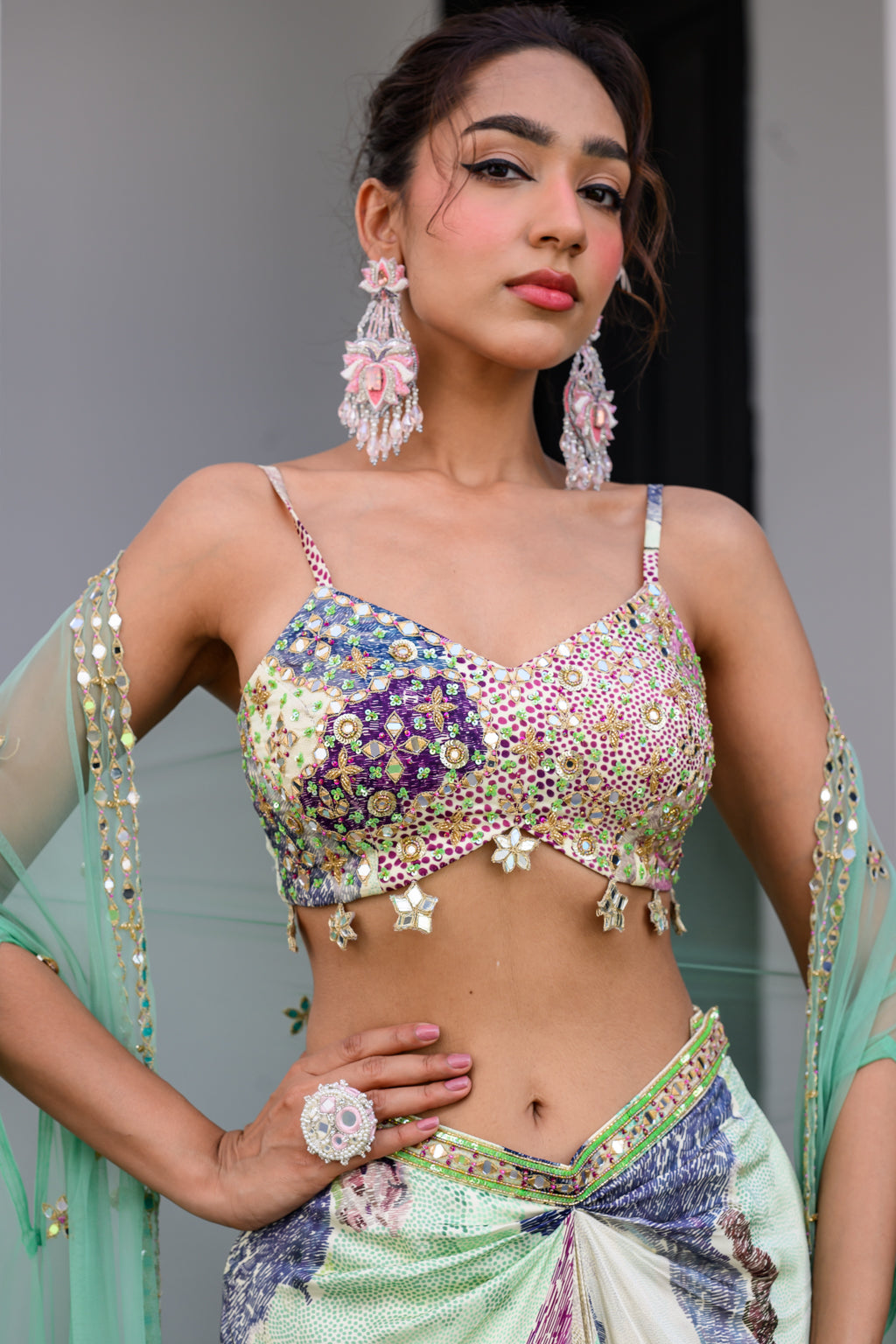 EDEN HIGHLIGHT BRALETTE WITH MIRROR WORK PAIRED WITH DHOTI SKIRT AND CAPE