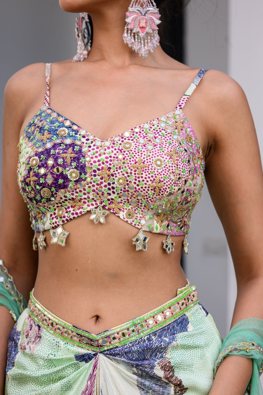 EDEN HIGHLIGHT BRALETTE WITH MIRROR WORK PAIRED WITH DHOTI SKIRT AND CAPE