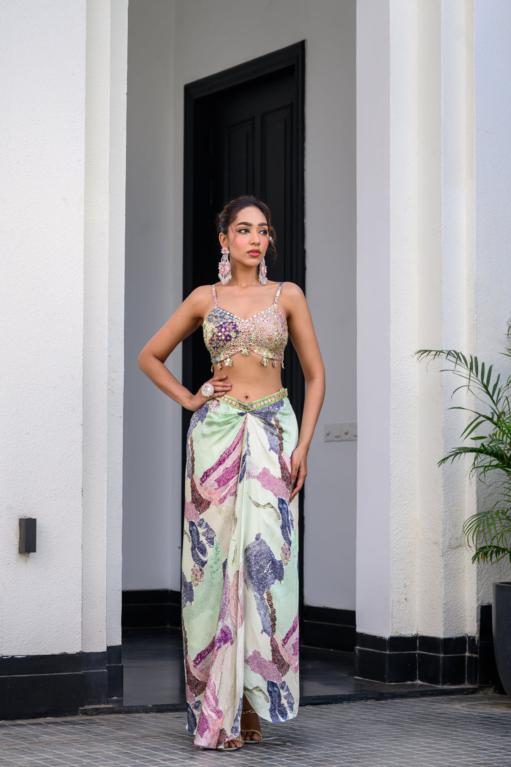 EDEN HIGHLIGHT BRALETTE WITH MIRROR WORK PAIRED WITH DHOTI SKIRT AND CAPE
