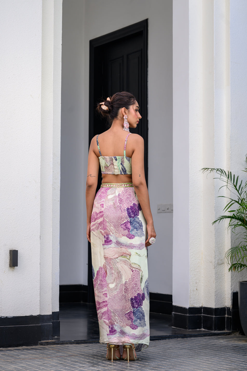 EDEN HIGHLIGHT BRALETTE WITH MIRROR WORK PAIRED WITH DHOTI SKIRT AND CAPE
