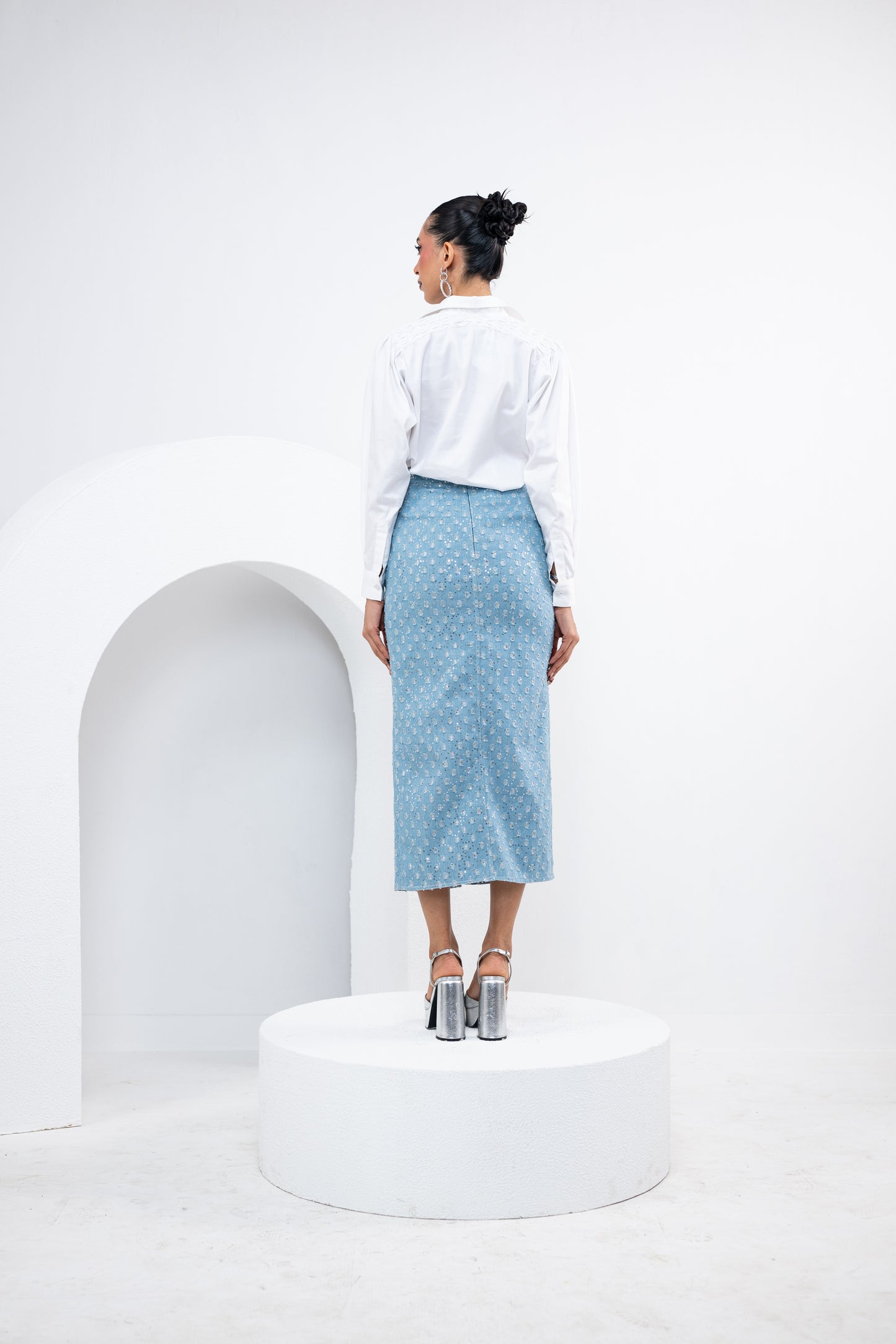 GLITTER SKIRT WITH PLEATED COTTON SHIRT SET