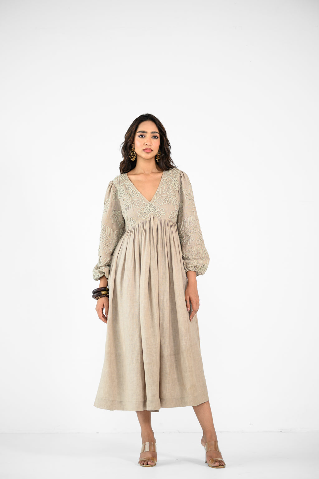 BEIGE EMBROIDERED LINEN DRESS
