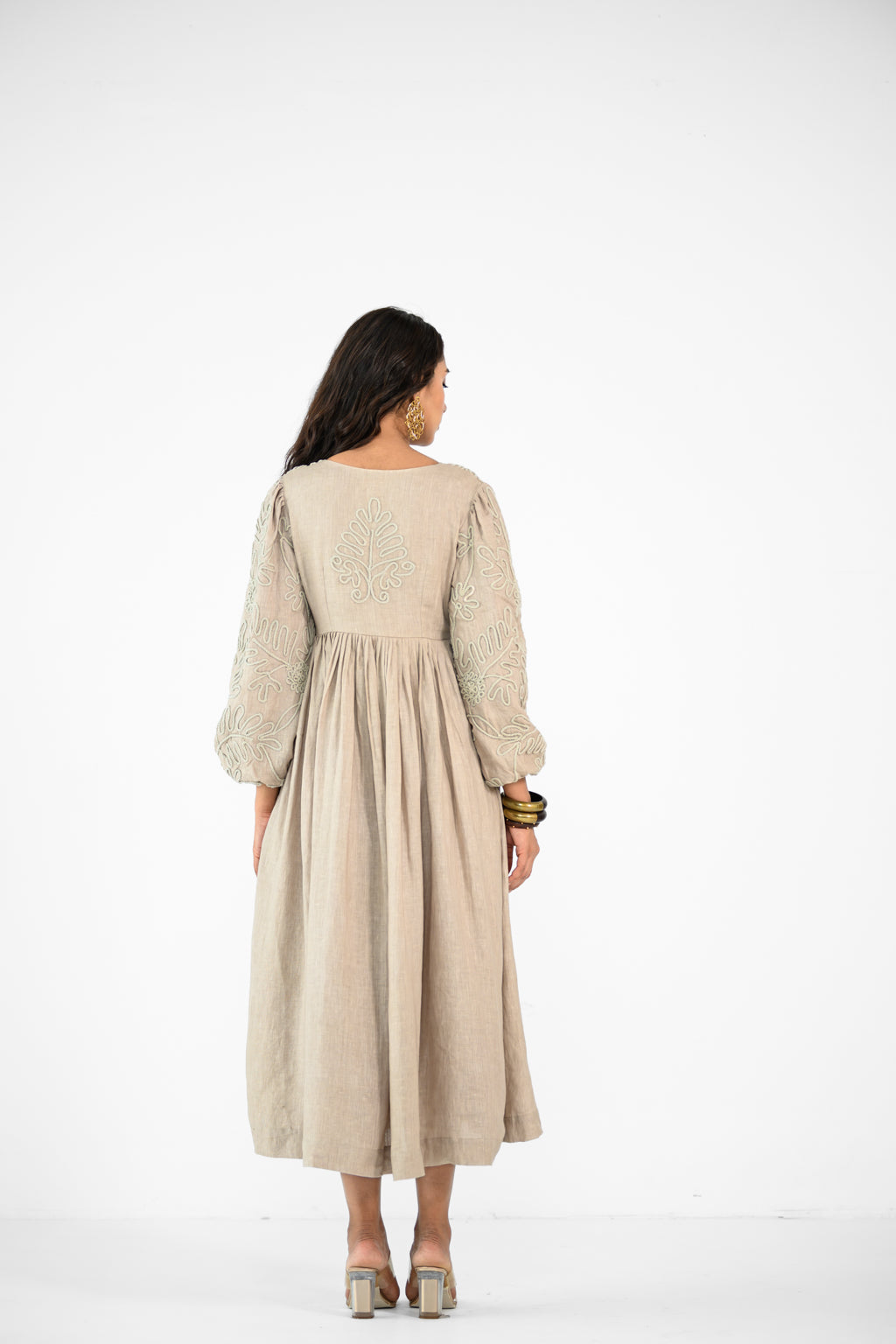 BEIGE EMBROIDERED LINEN DRESS