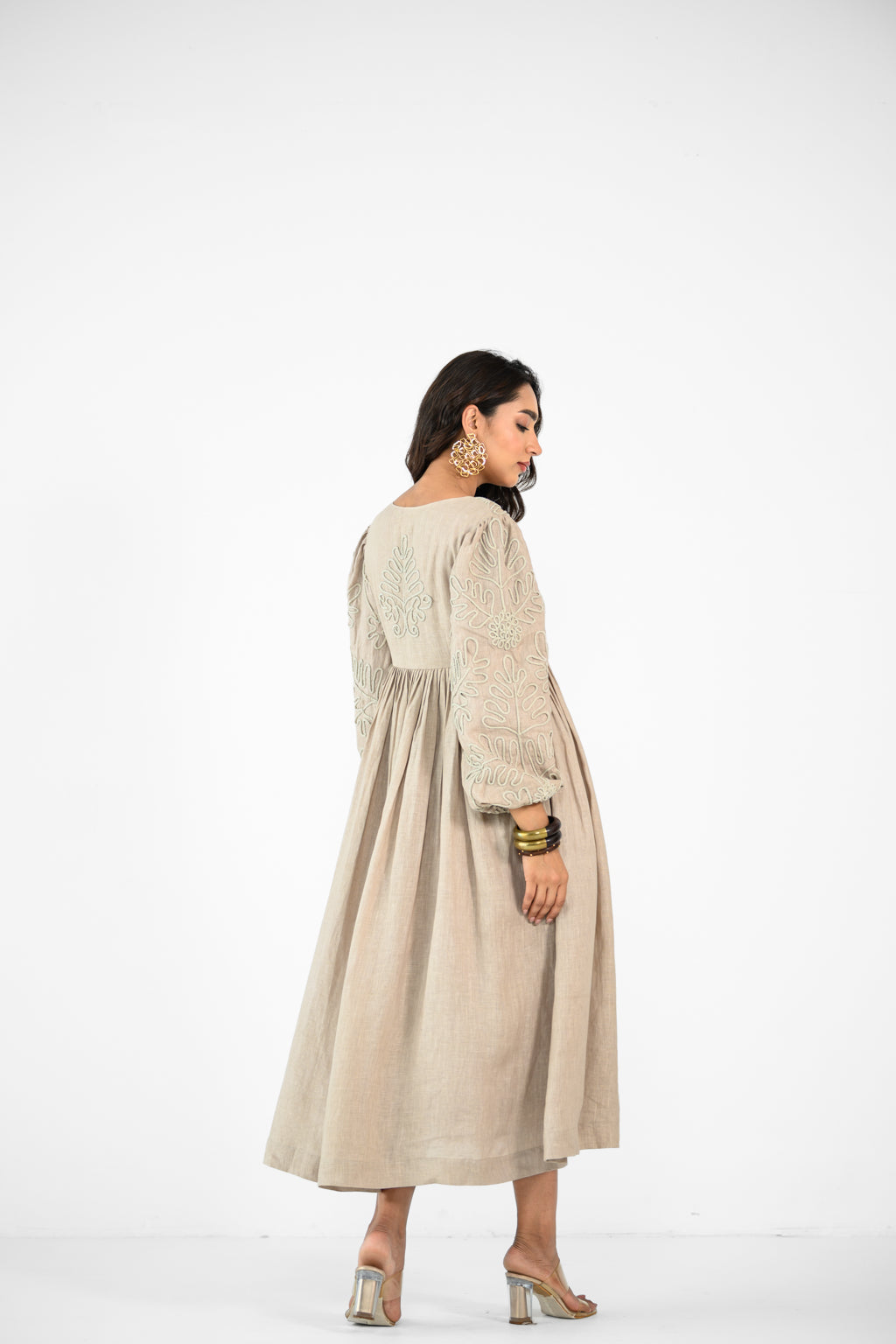 BEIGE EMBROIDERED LINEN DRESS