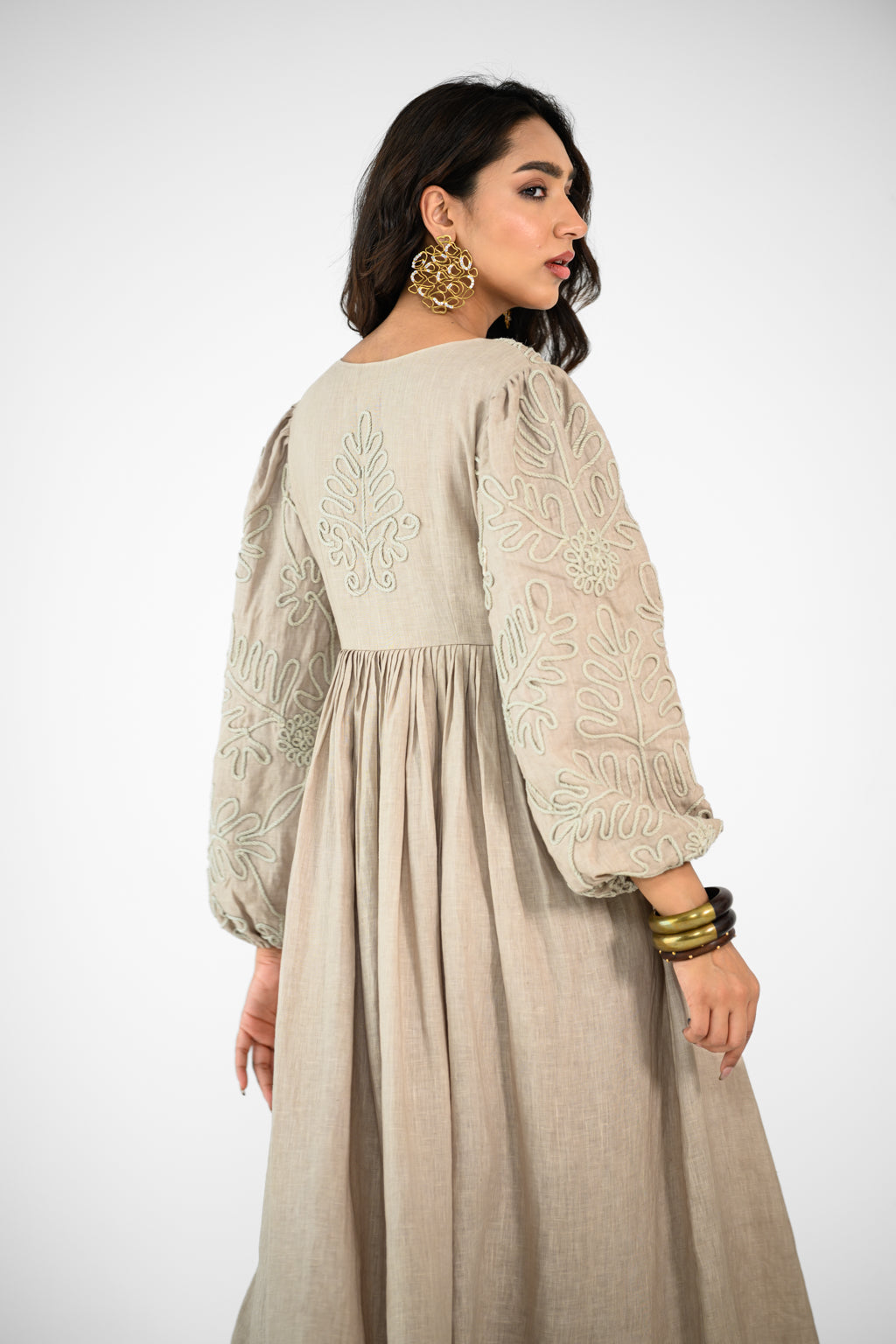 BEIGE EMBROIDERED LINEN DRESS