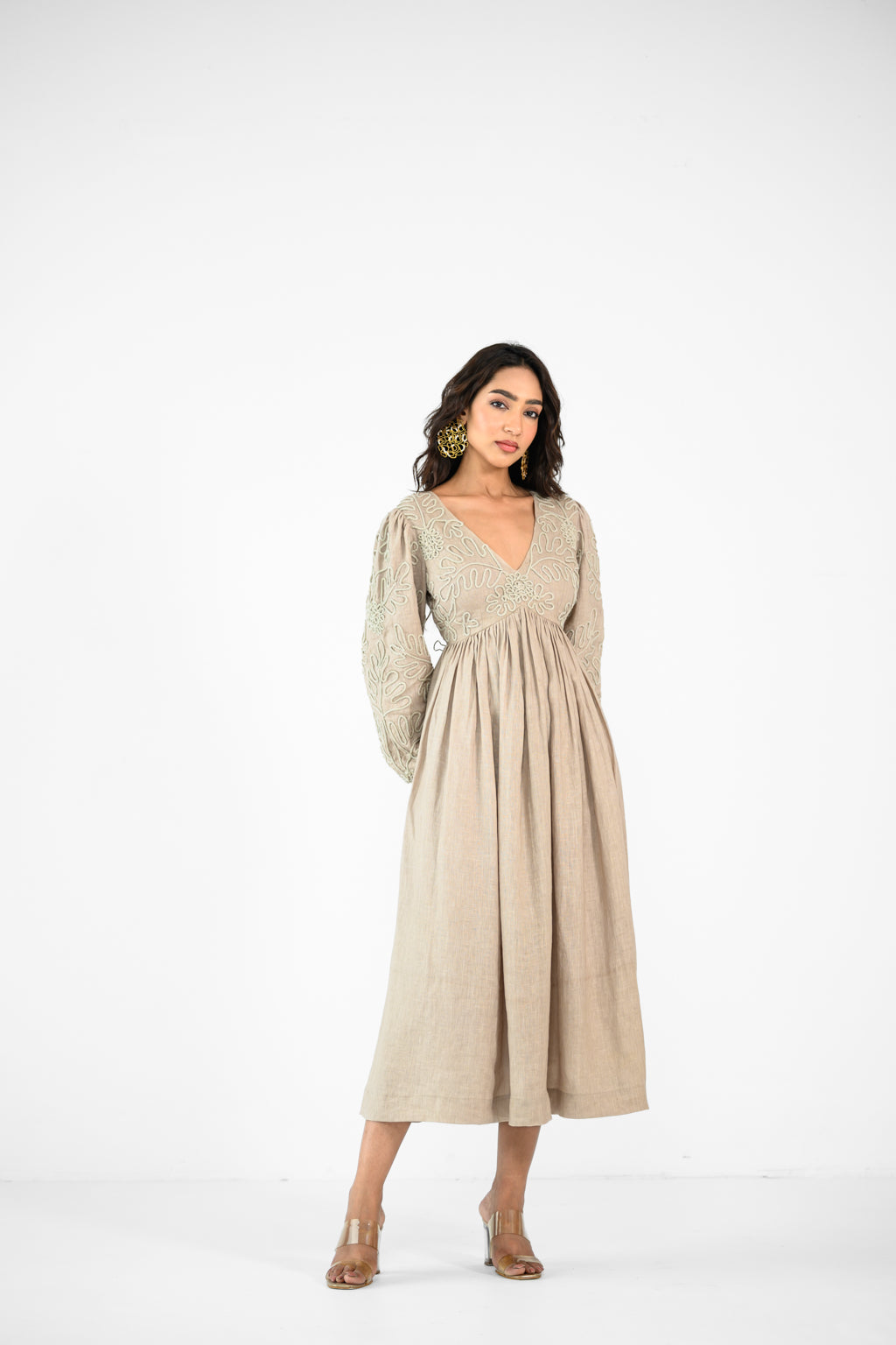 BEIGE EMBROIDERED LINEN DRESS