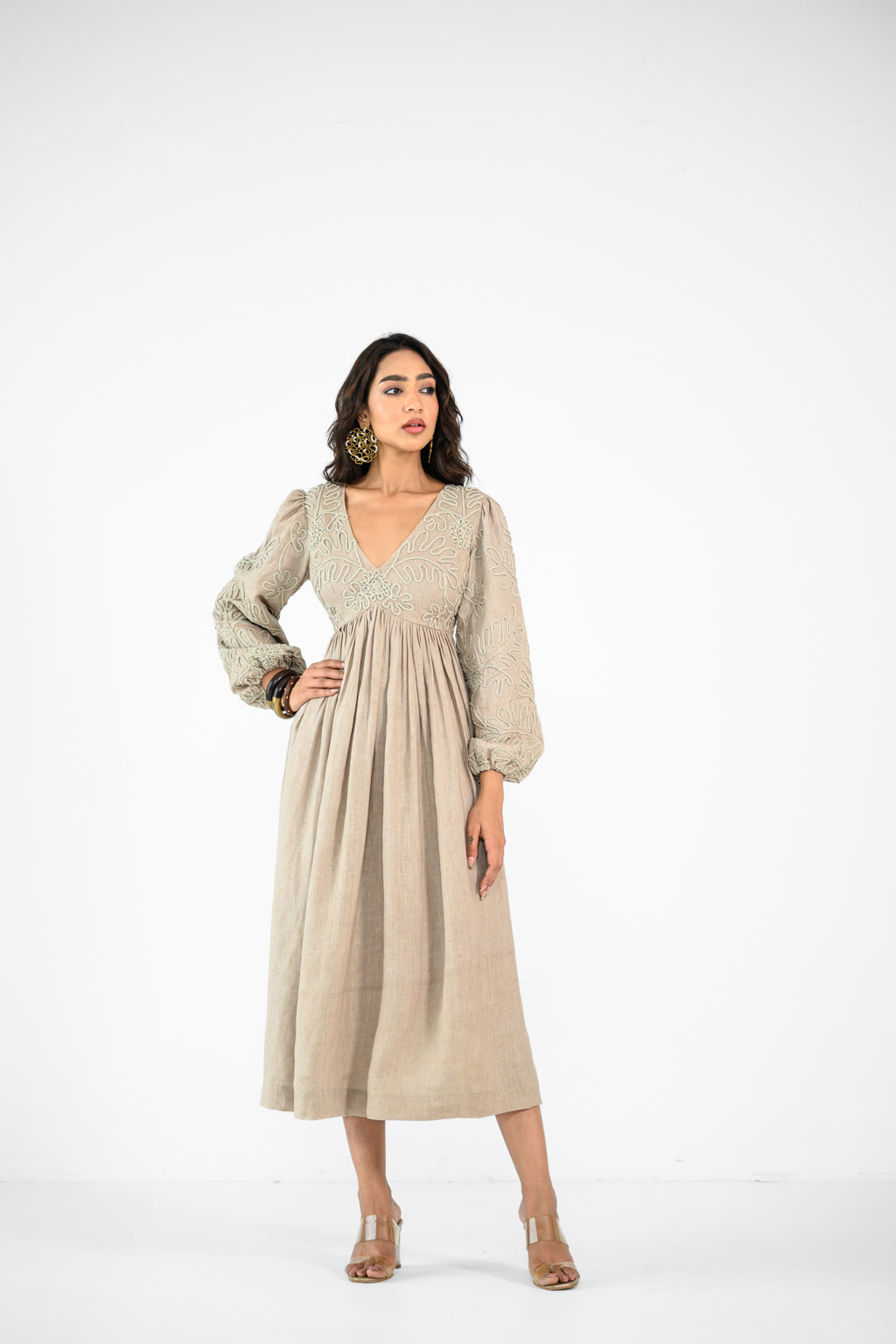 BEIGE EMBROIDERED LINEN DRESS