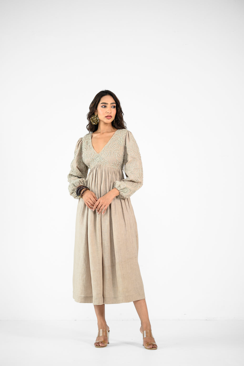 BEIGE EMBROIDERED LINEN DRESS