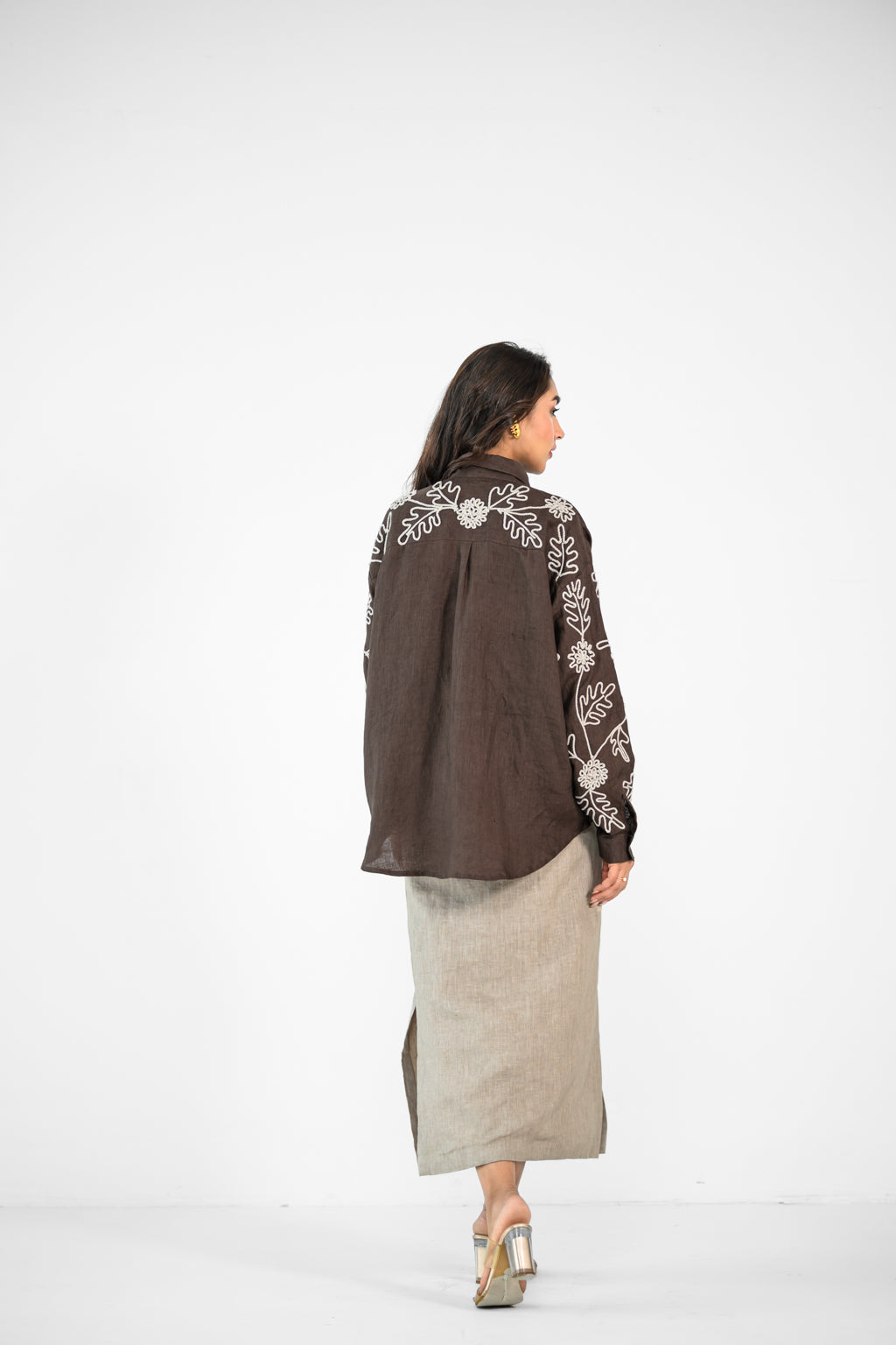 BROWN EMBROIDERED SHIRT AND LINEN BEIGE SKIRT SET
