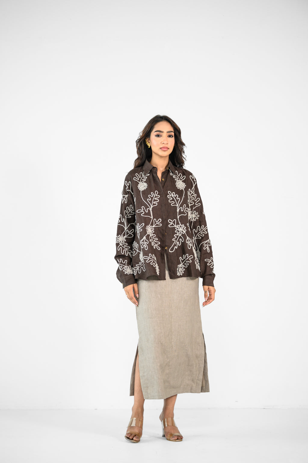 BROWN EMBROIDERED SHIRT AND LINEN BEIGE SKIRT SET