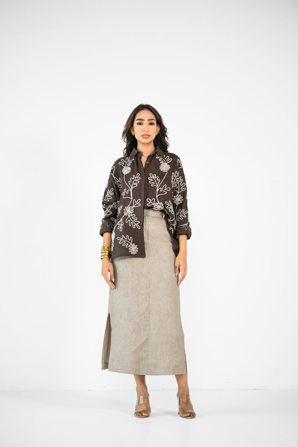 BROWN EMBROIDERED SHIRT AND LINEN BEIGE SKIRT SET