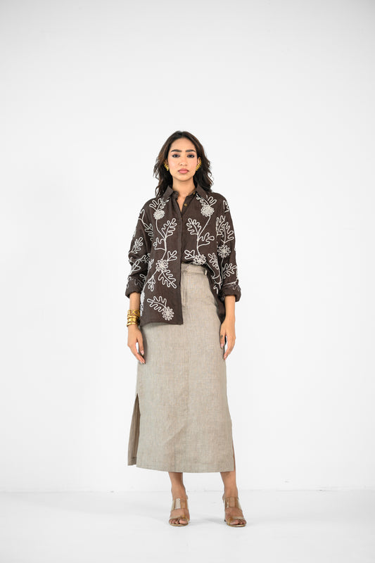 BROWN EMBROIDERED SHIRT AND LINEN BEIGE SKIRT SET