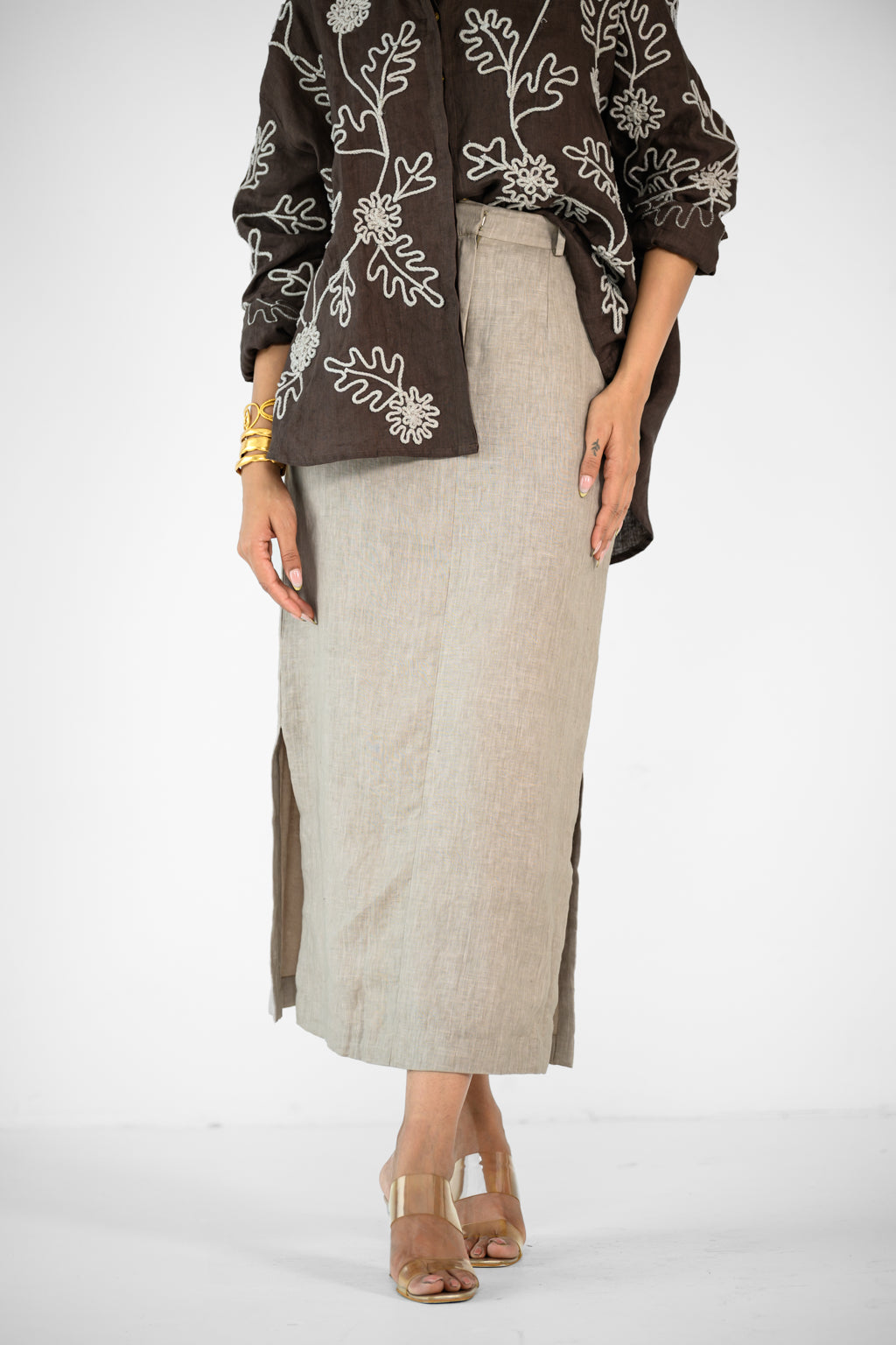 BROWN EMBROIDERED SHIRT AND LINEN BEIGE SKIRT SET