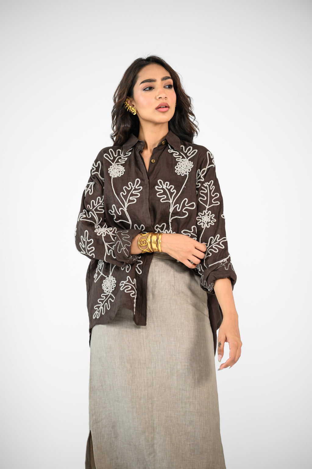 BROWN EMBROIDERED SHIRT AND LINEN BEIGE SKIRT SET