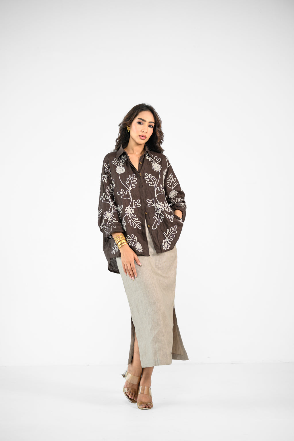 BROWN EMBROIDERED SHIRT AND LINEN BEIGE SKIRT SET