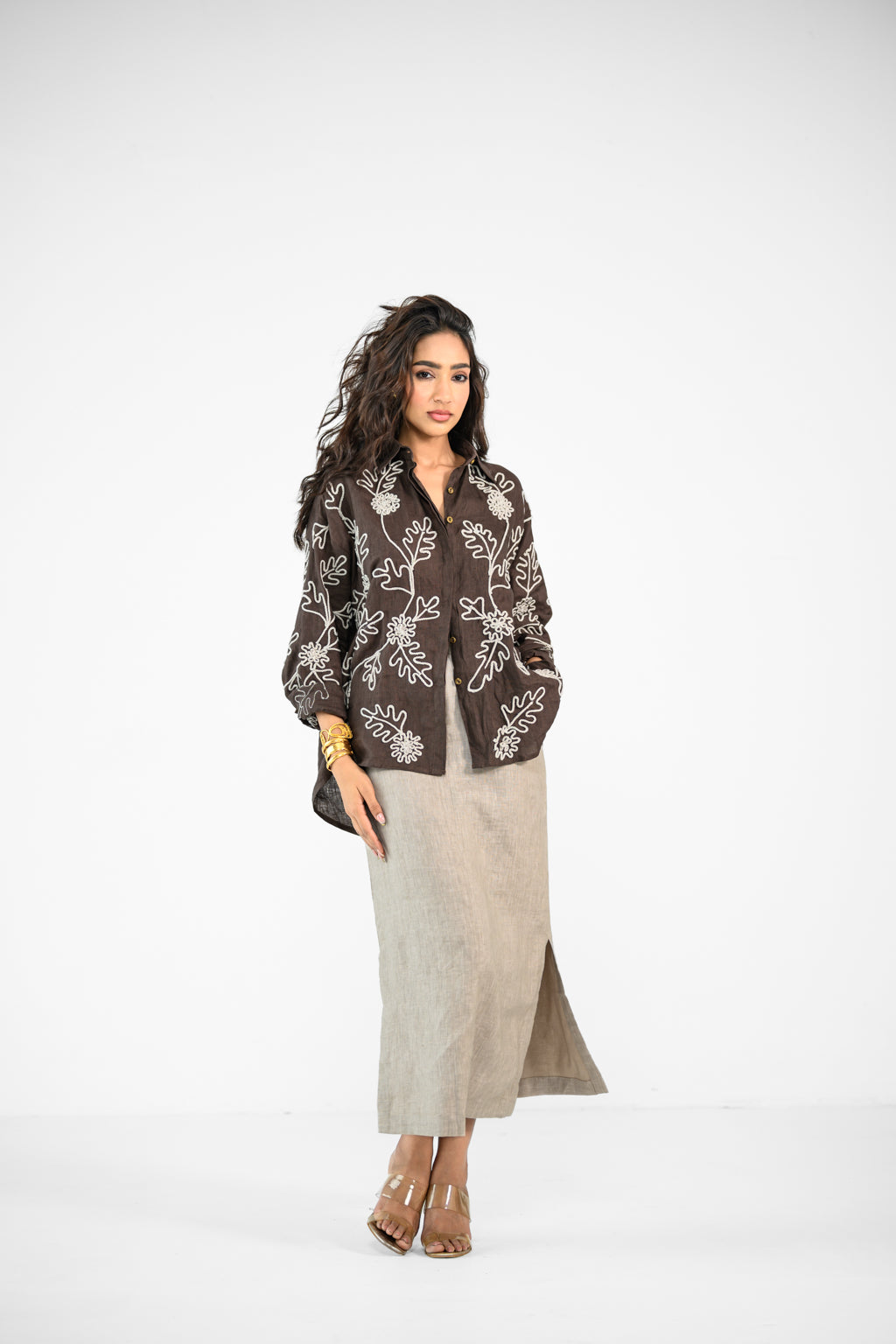 BROWN EMBROIDERED SHIRT AND LINEN BEIGE SKIRT SET