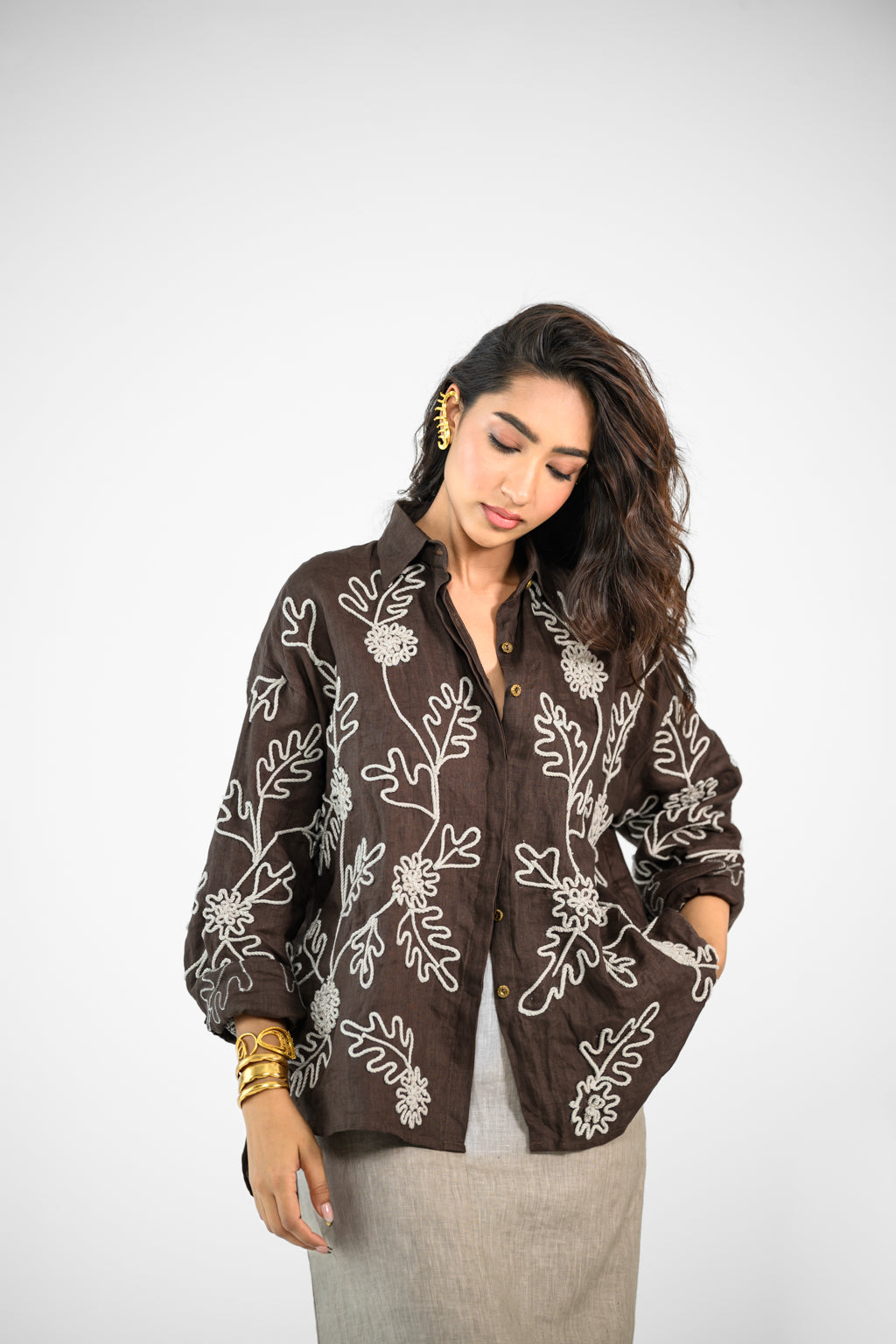 BROWN EMBROIDERED SHIRT AND LINEN BEIGE SKIRT SET