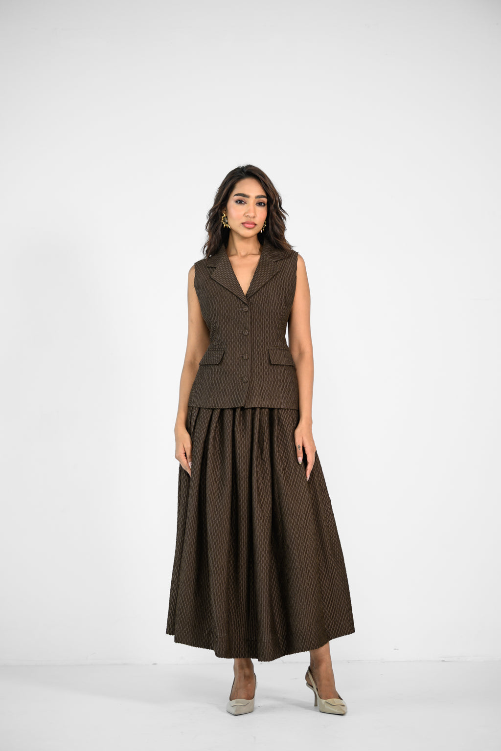 BROWN BLAZER AND SKIRT SET