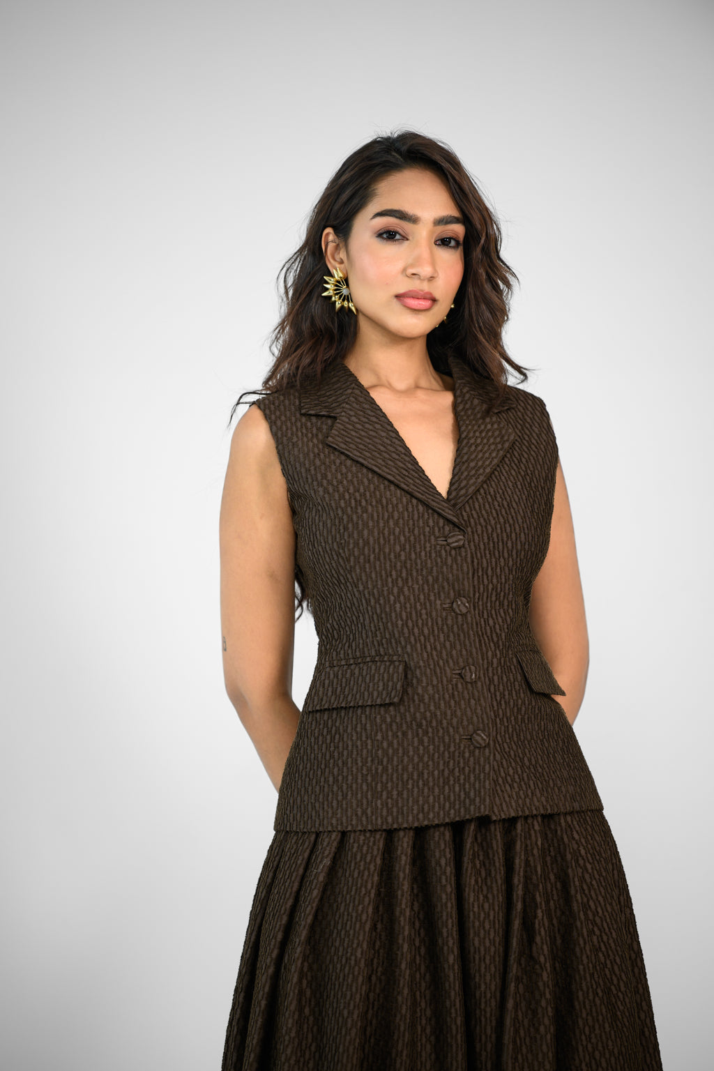 BROWN BLAZER AND SKIRT SET