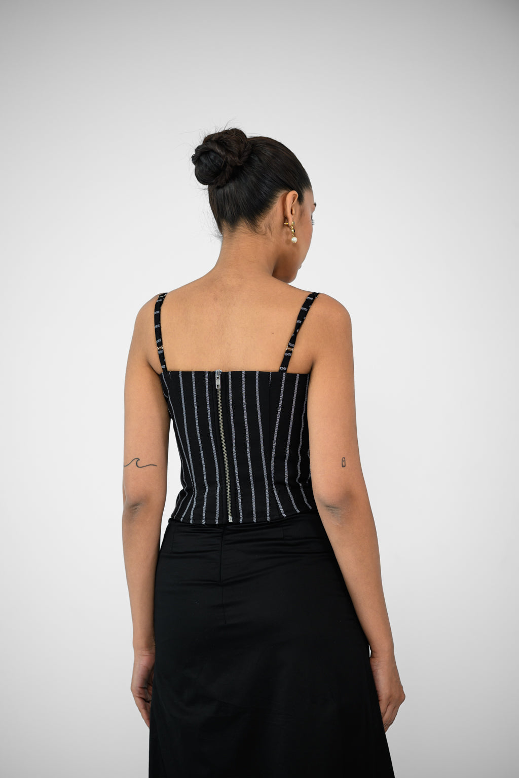 STRIPE CORSET TOP AND BLACK SKIRT