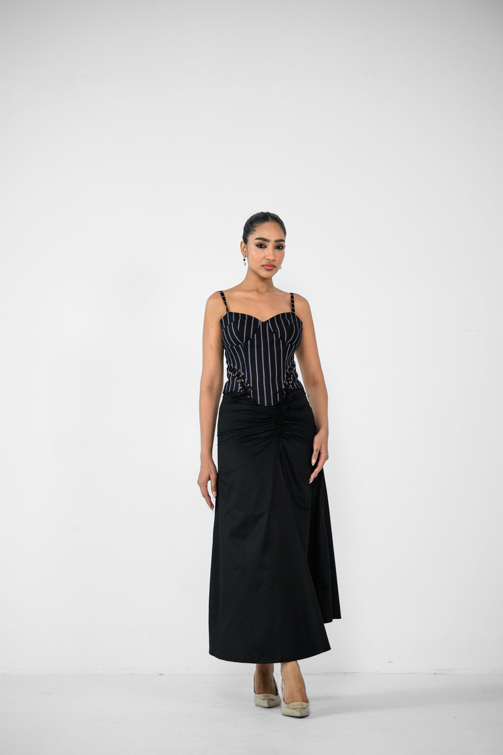 STRIPE CORSET TOP AND BLACK SKIRT