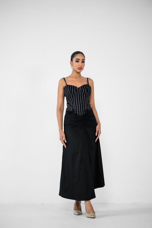 STRIPE CORSET TOP AND BLACK SKIRT
