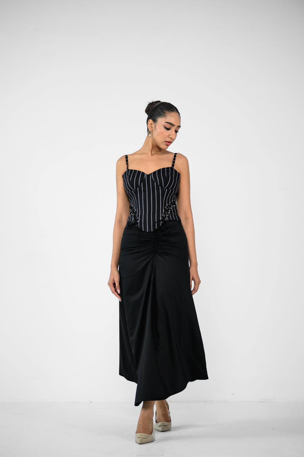 STRIPE CORSET TOP AND BLACK SKIRT