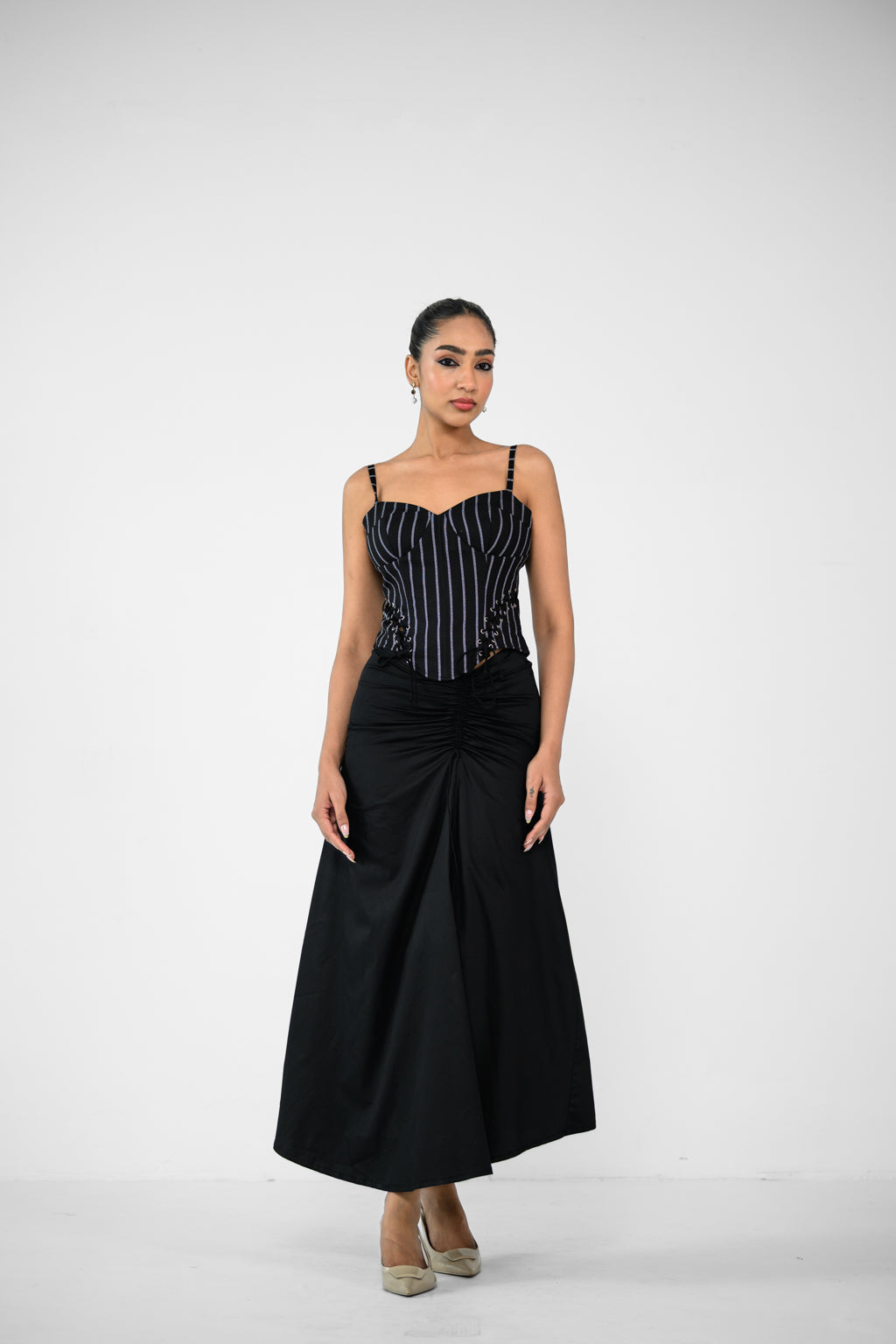 STRIPE CORSET TOP AND BLACK SKIRT
