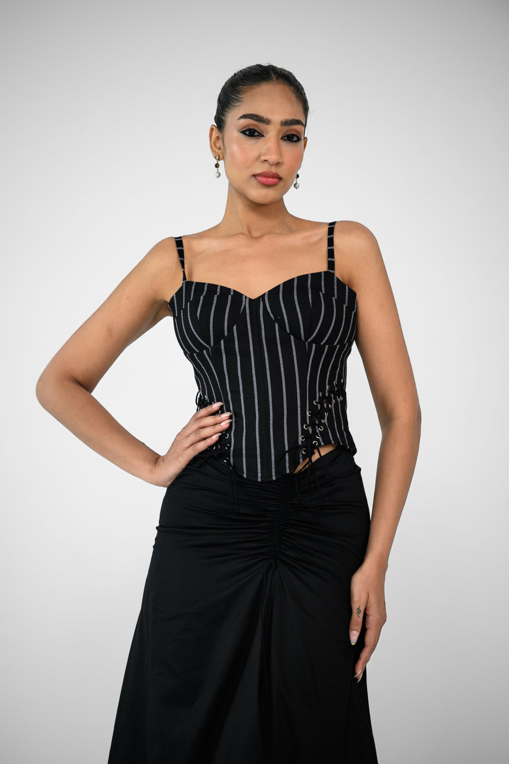 STRIPE CORSET TOP AND BLACK SKIRT