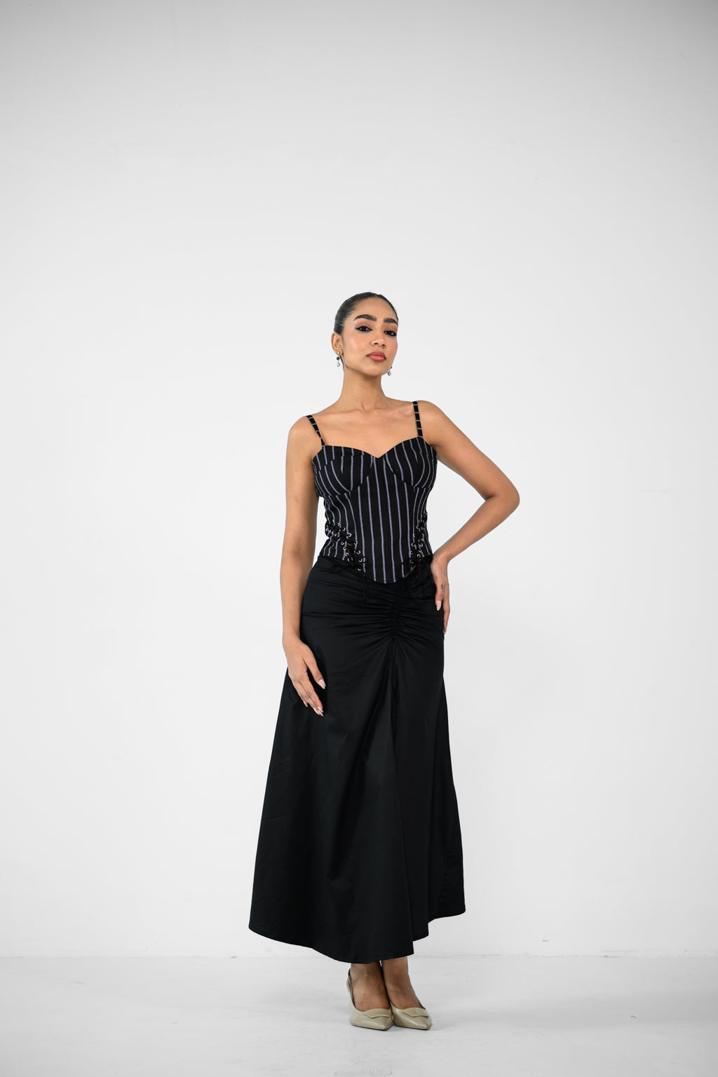 STRIPE CORSET TOP AND BLACK SKIRT