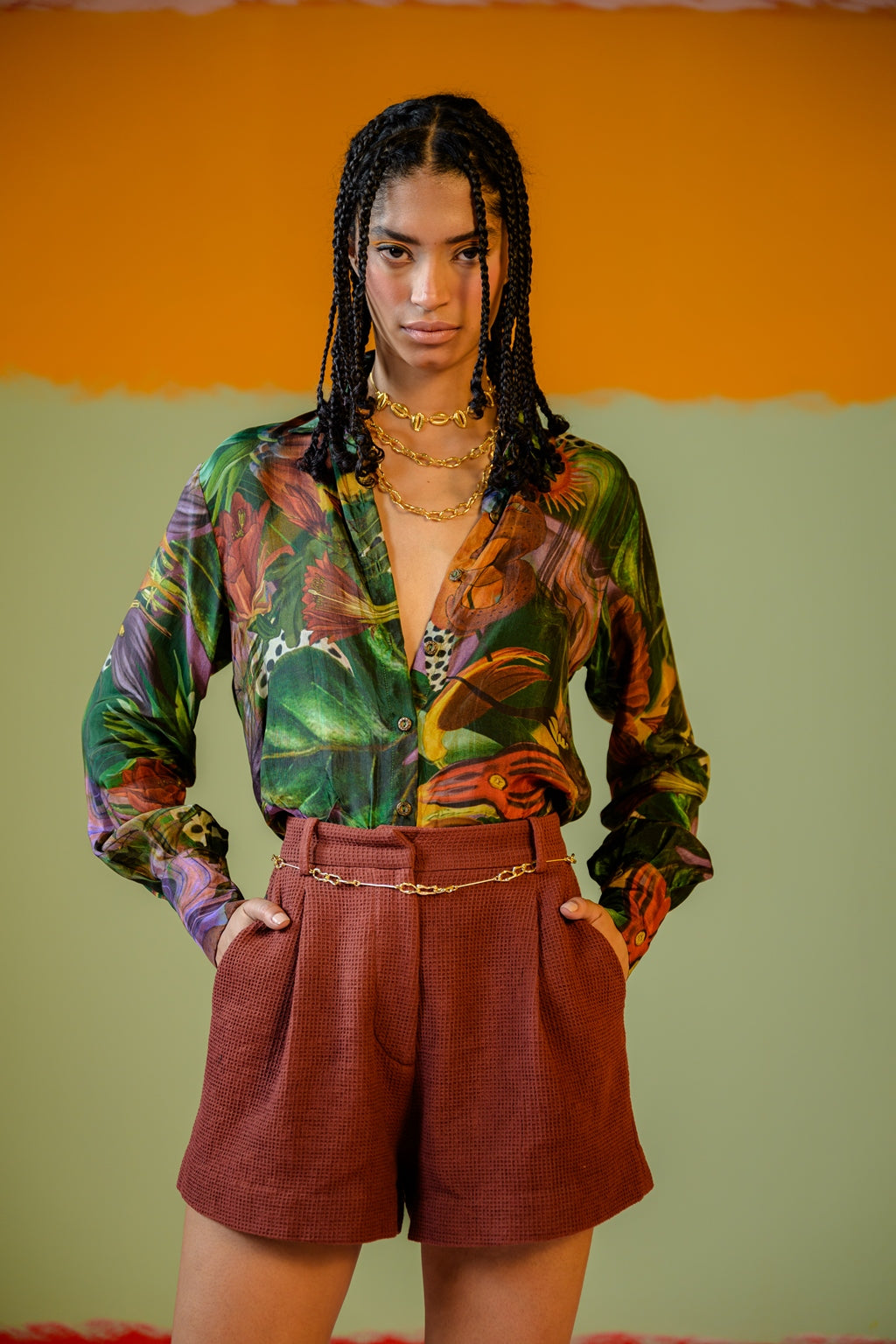 Green Shirt Paired With Camel Shorts