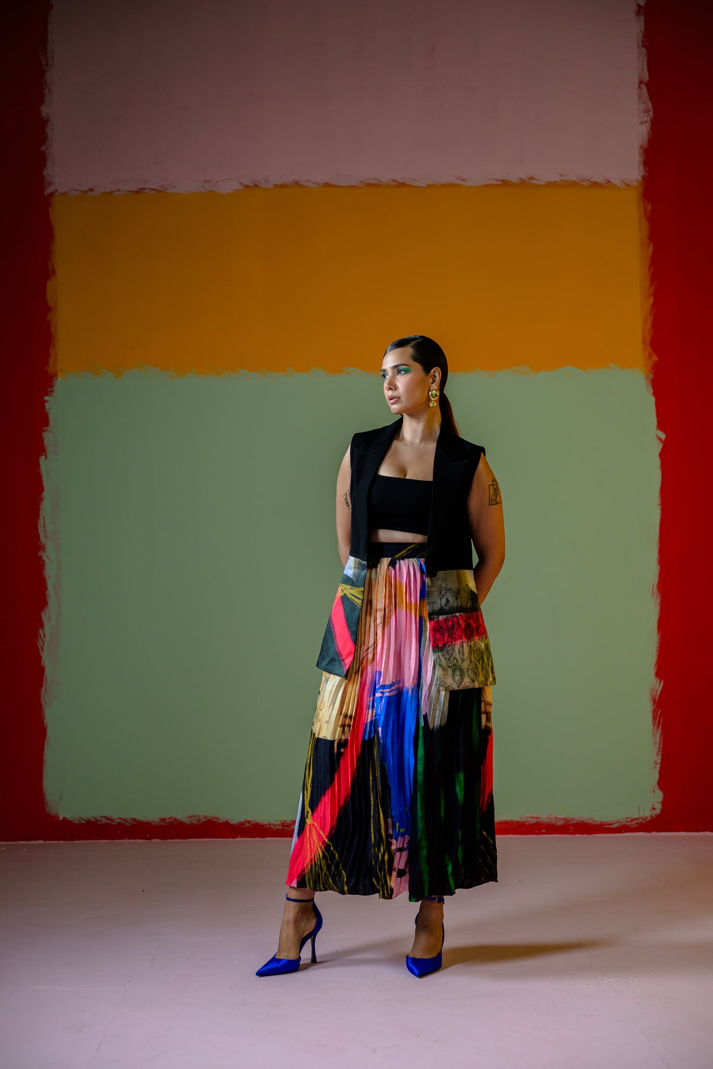 Celina Half Blazer With Celina Pleated Skirt Set