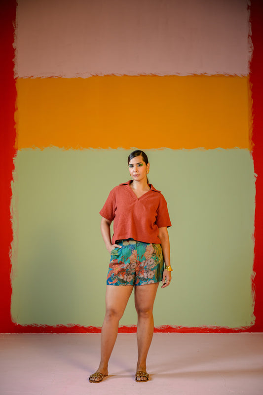 Orange Crop Tshirt Paired With Mavi Shorts Set