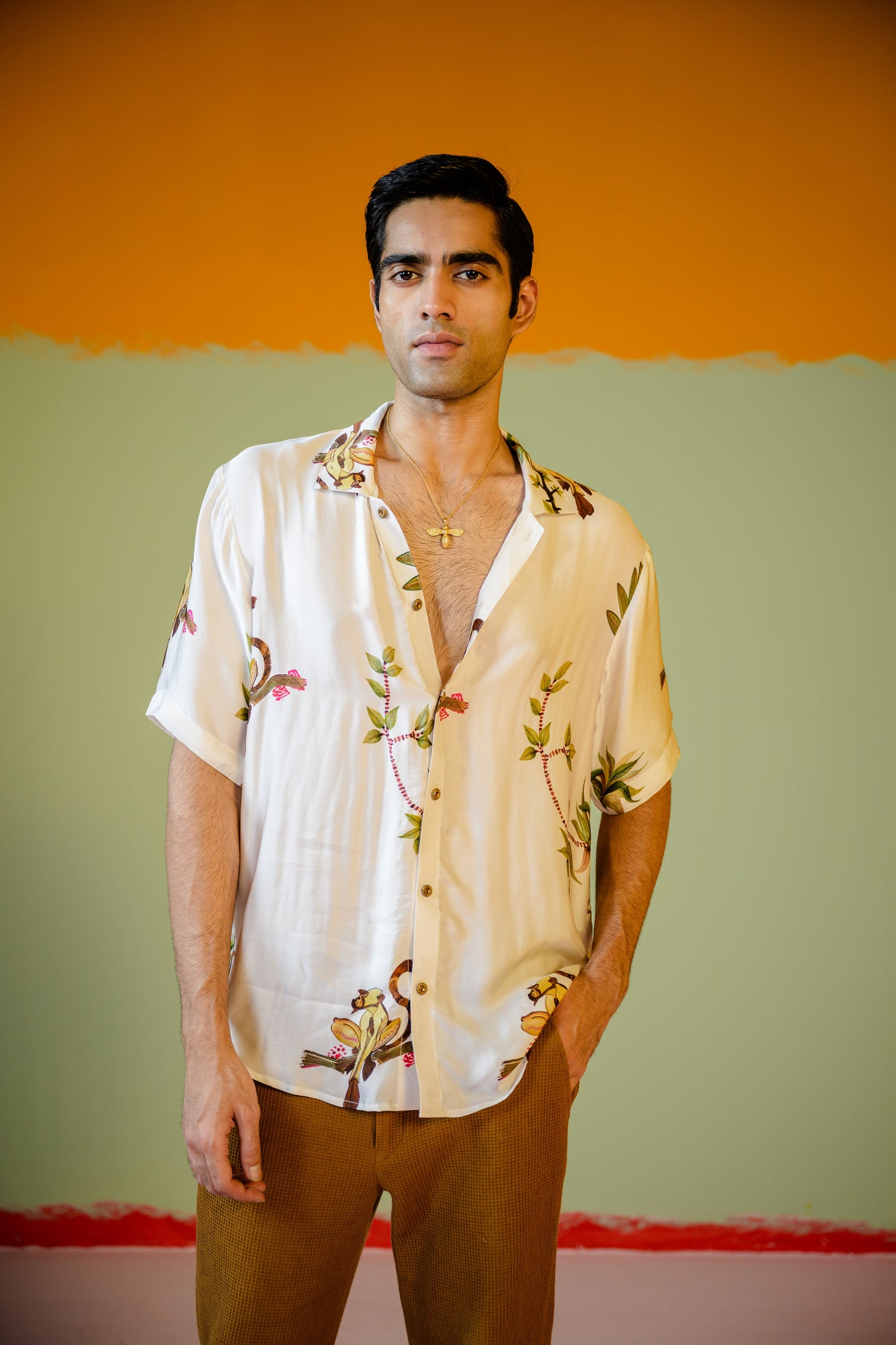 Monkey Half Sleeve Shirt Paired With Camel Pants Set