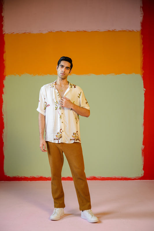 Monkey Half Sleeve Shirt Paired With Camel Pants Set