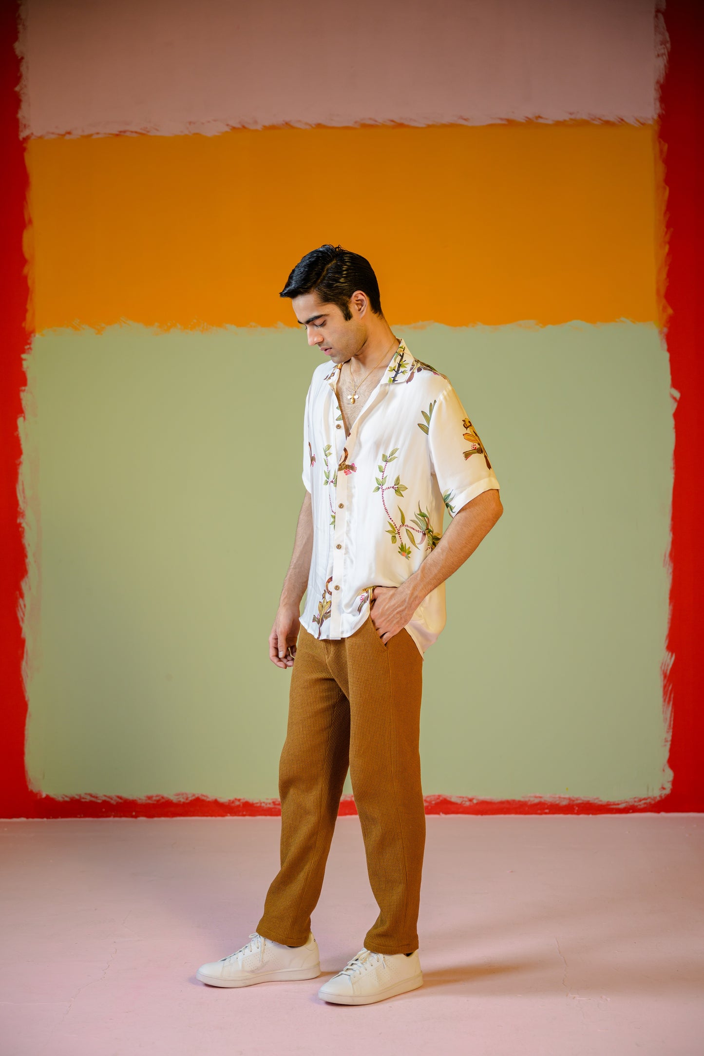 Monkey Half Sleeve Shirt Paired With Camel Pants Set