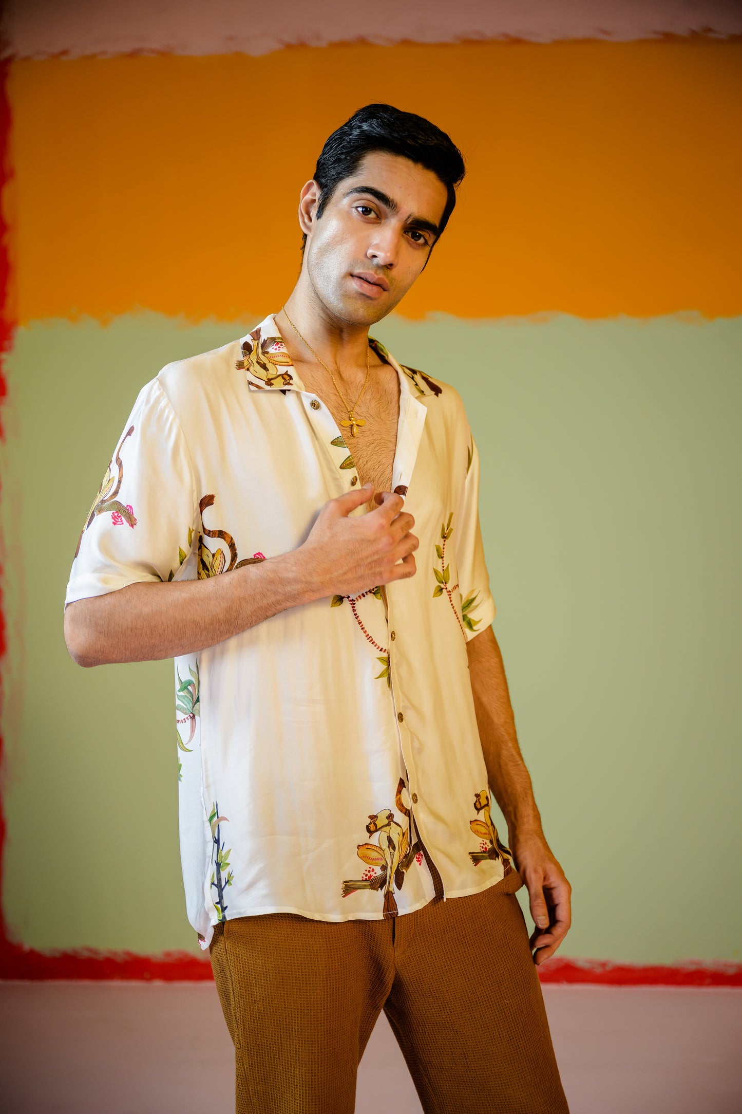 Monkey Half Sleeve Shirt Paired With Camel Pants Set