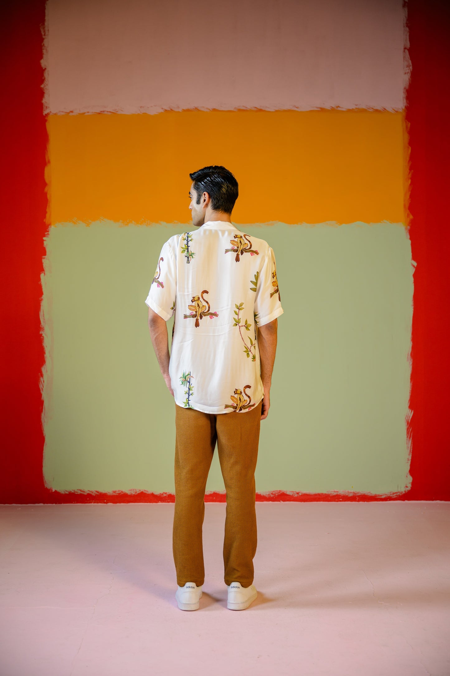 Monkey Half Sleeve Shirt Paired With Camel Pants Set
