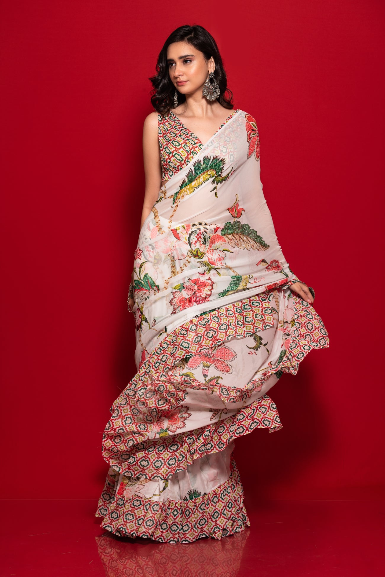 Ruffle Saree With Overall Print Blouse