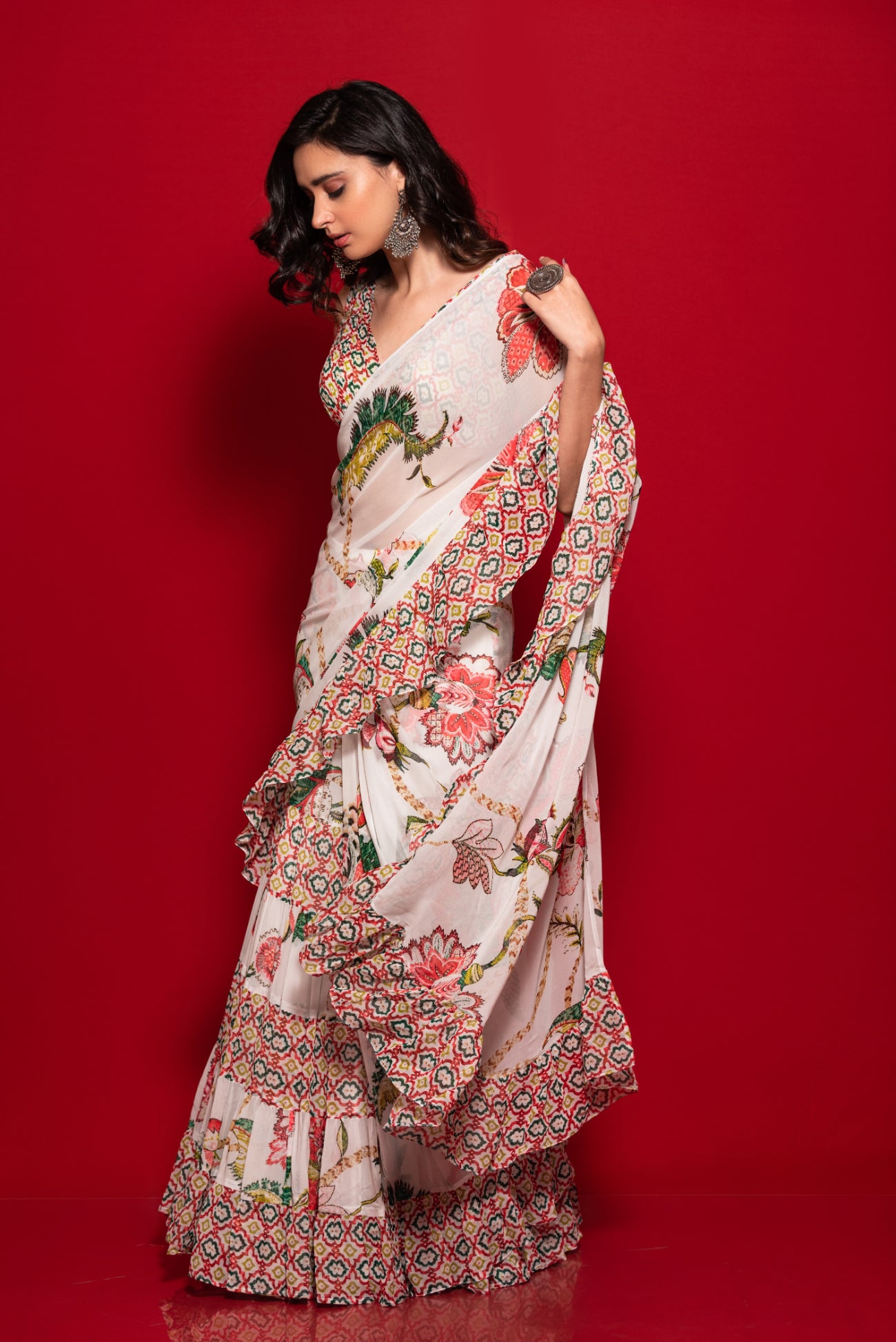 Ruffle Saree With Overall Print Blouse
