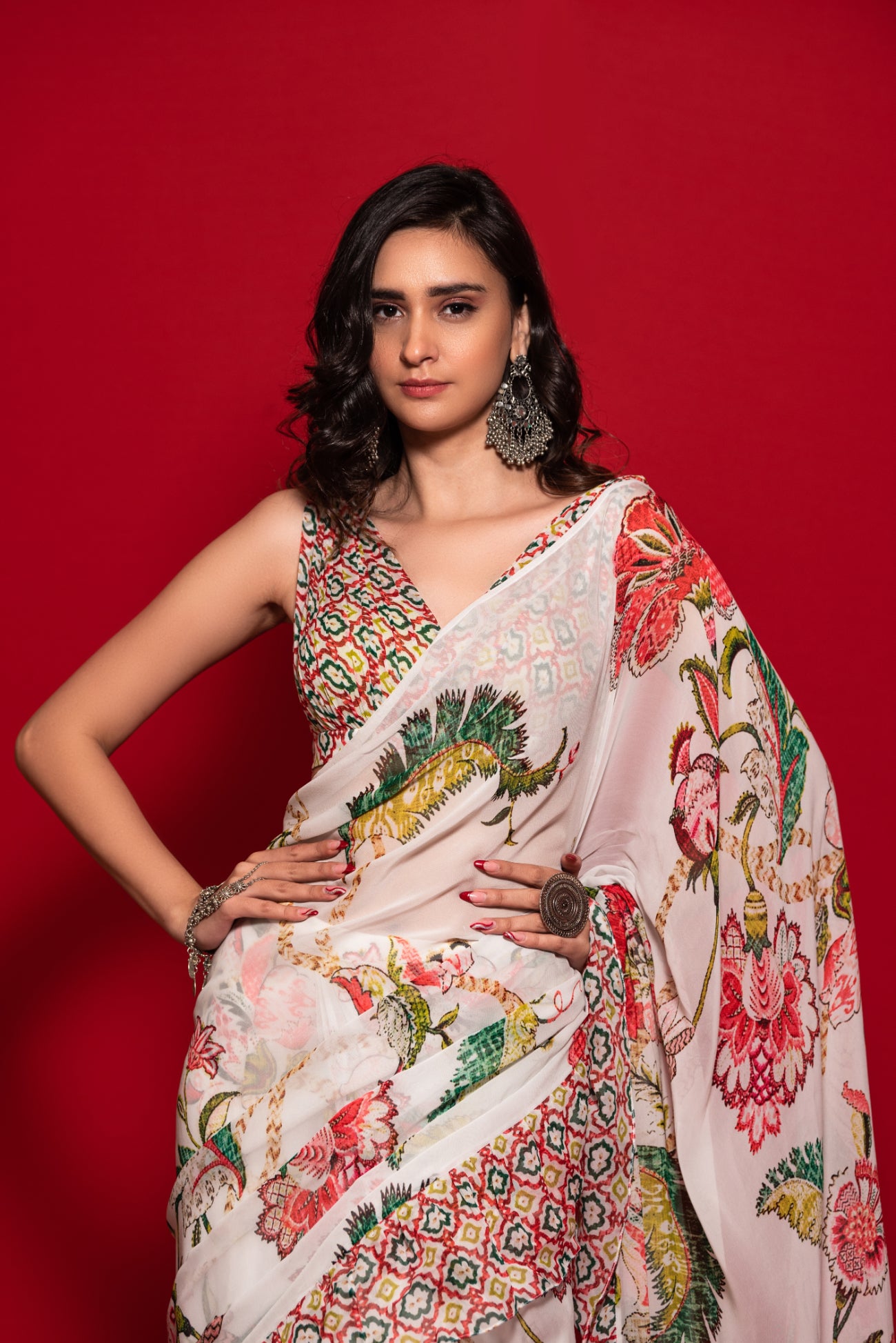 Ruffle Saree With Overall Print Blouse