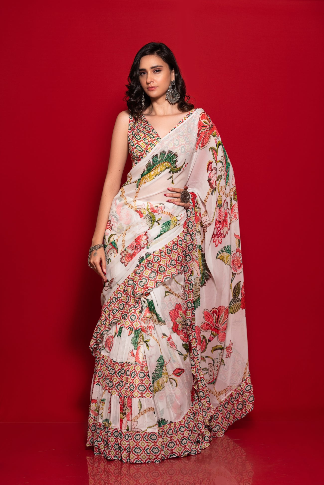 Ruffle Saree With Overall Print Blouse